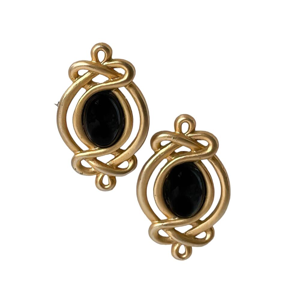 1990s Matte Gold Plate Black Glass Cabochon Open Design Stud Pierced Earrings